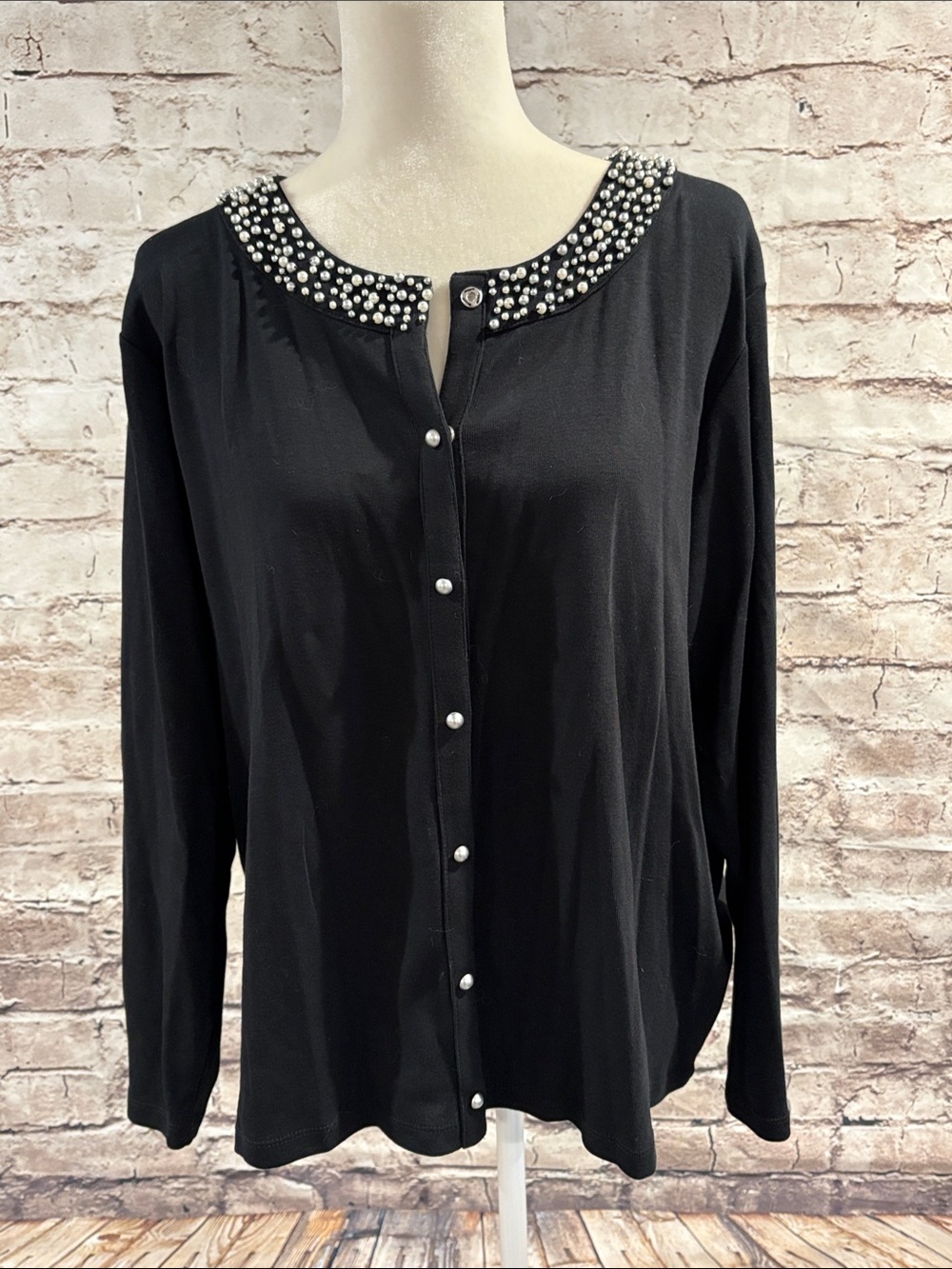 Rafaella Black Button-Front Top with Pearl-Trim Collar and Buttons